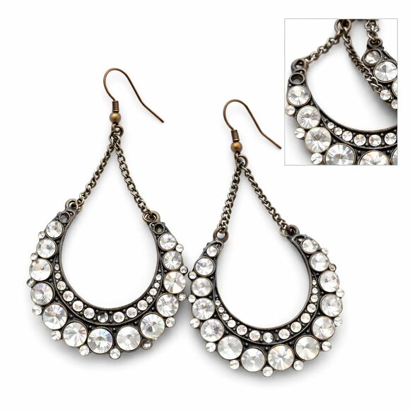 Vintage Jewelry - Rhinestone Statement Drop Earrings Antique Bronze Tone Boho Dangle